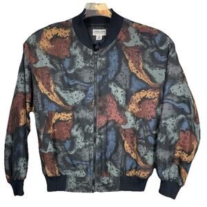 Vintage Carol Horn Workshop 100% Silk Bomber Jacket Womens M Blue Brown Abstract